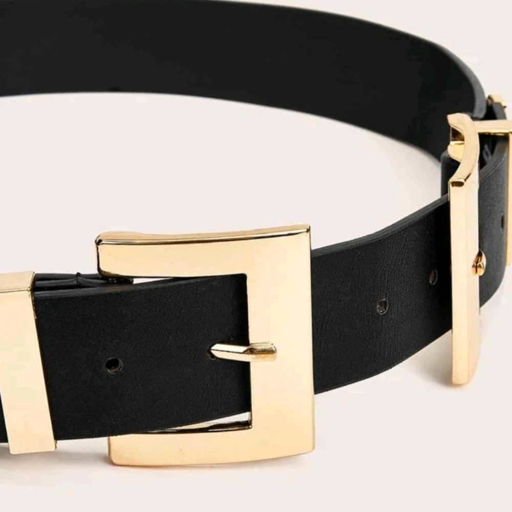 Gold Chunky double buckle Black vegan leather wide waist corset belt - Picture 7 of 16